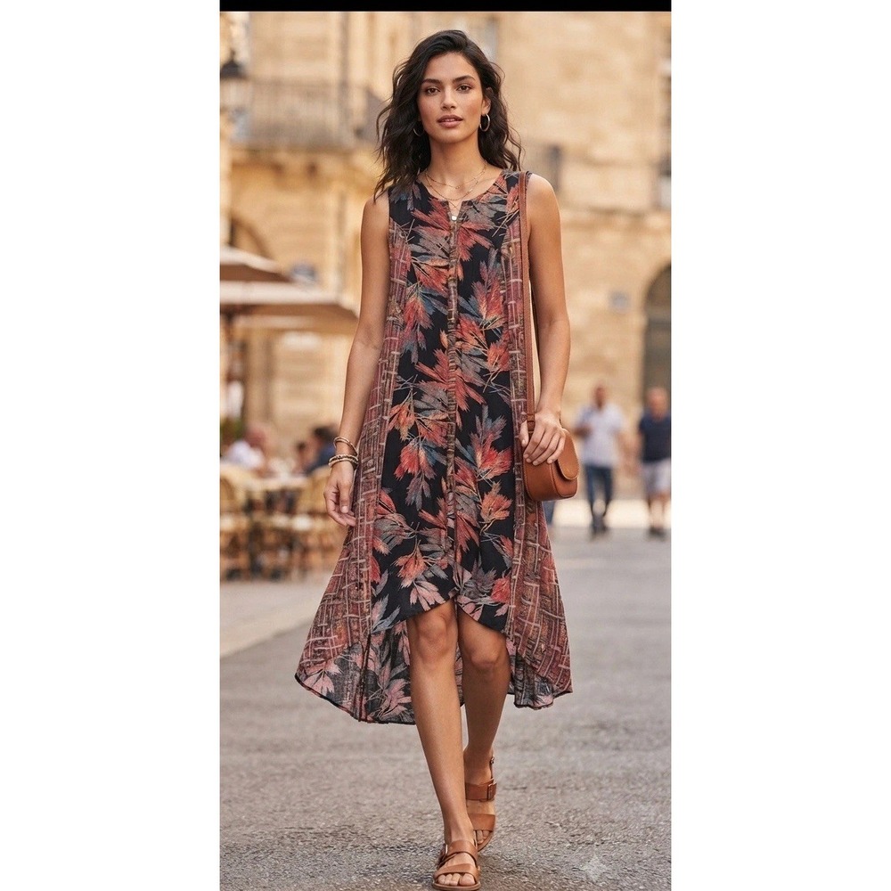 Vintage Inspired Neeru Kumar Women's Sleeveless High-Low Dress S‎ Boho Botanical